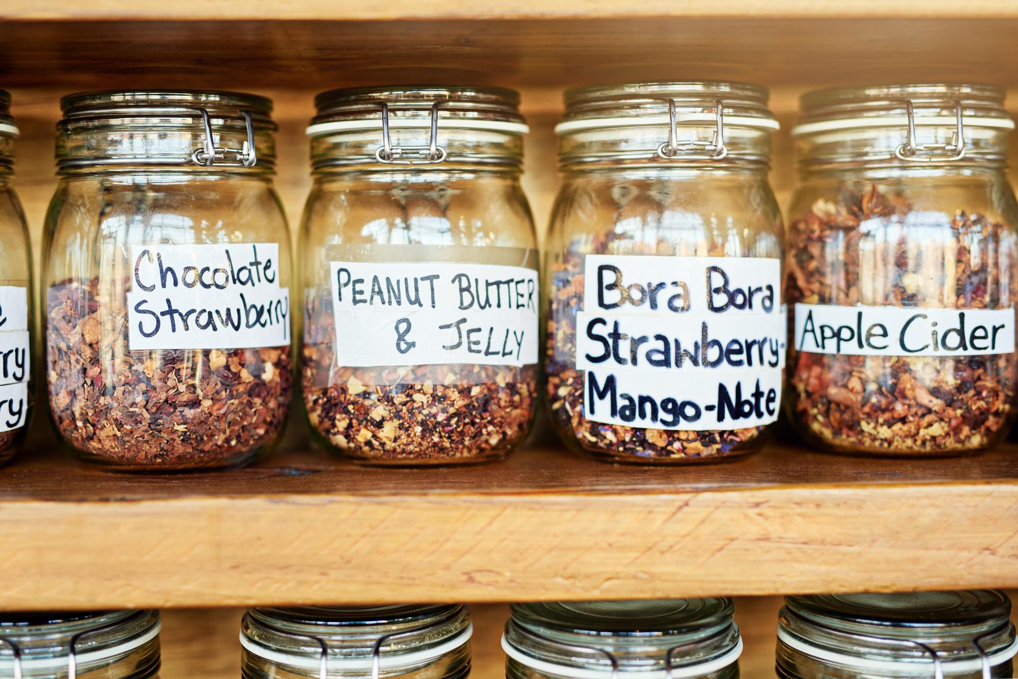 Curated pantry jars and labeled ingredients
